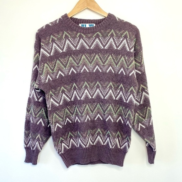 Vintage Sweaters - Vintage Chunky Knit Chevron Purple Sweater Y2K